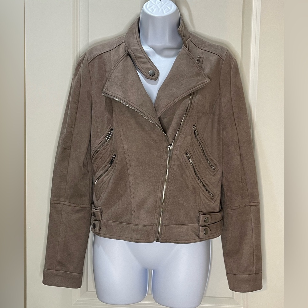 Fornia Taupe Moto Biker Jacket with Zipper Pocket Details Faux Suede Size M